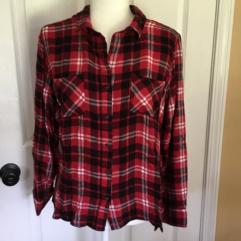 Women’s Indie Emo Vibe Flannel Rayon Red Plaid Silver Button-Up Shirt Size XL